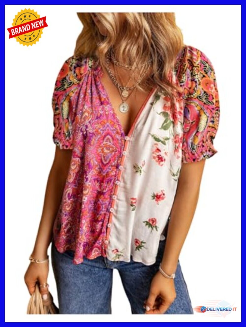 Boho Floral V Neck Button Down Blouse Short Sleeve Summer Top